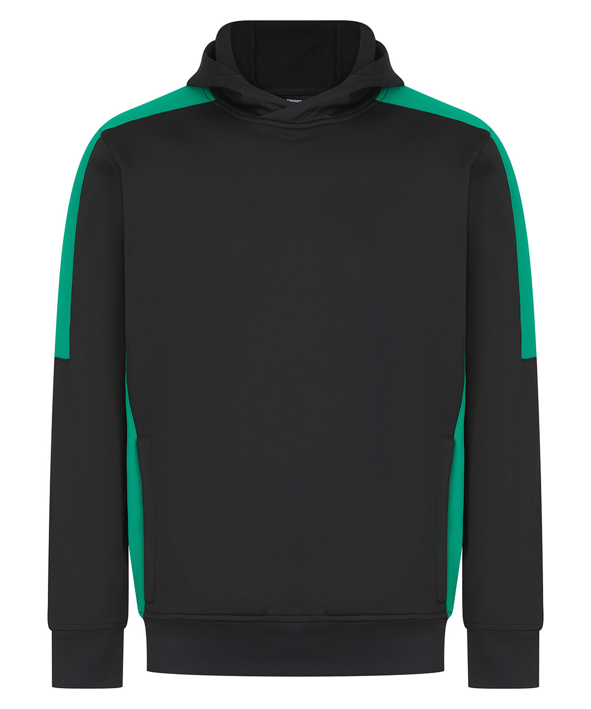 Finden & Hales Adults’ team hoodie in Black/Emerald, front view