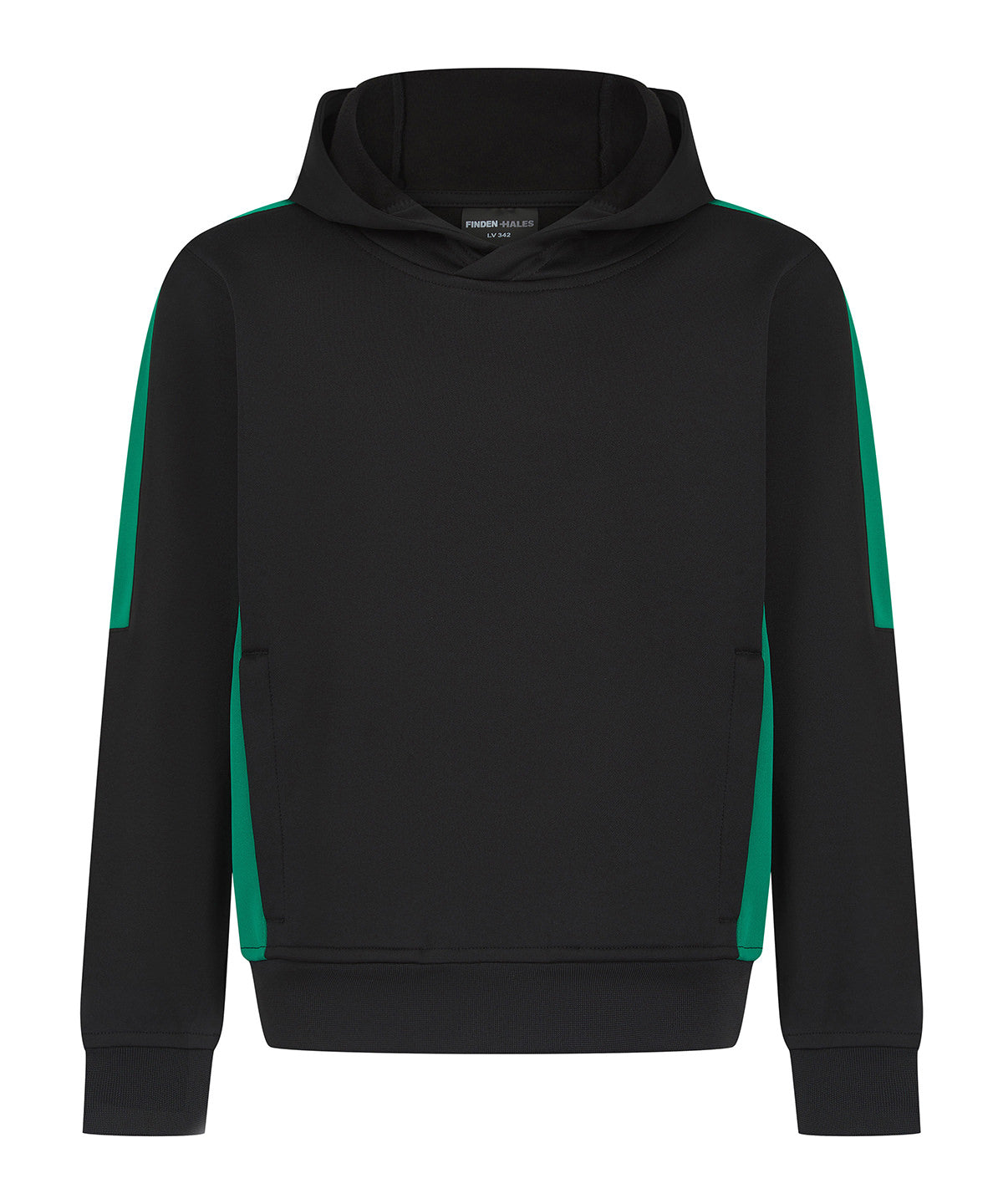 Finden & Hales Kids' team hoodie in Black/Emerald, front view