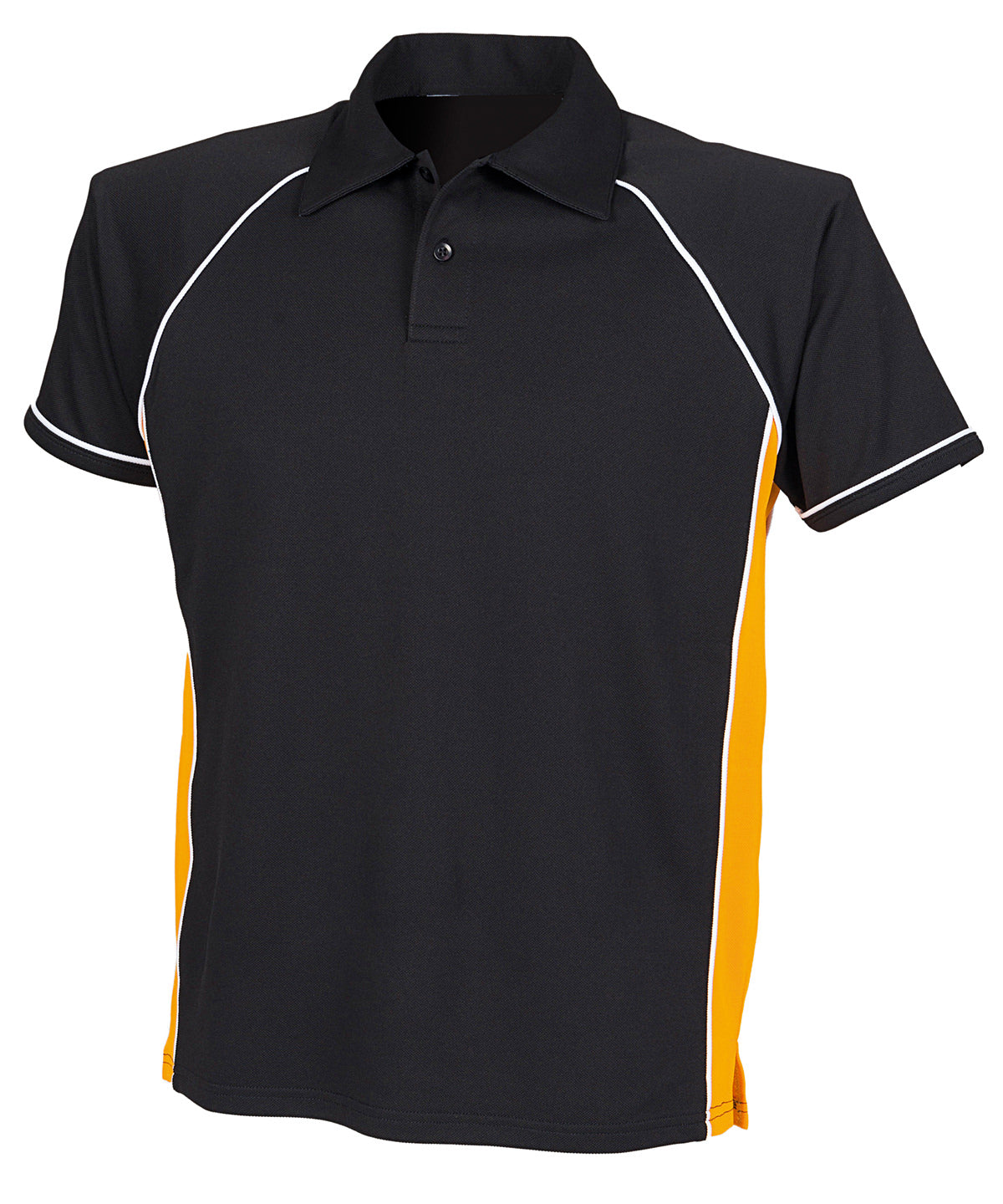 Finden & Hales Piped performance polo in Black/Amber/White, front view