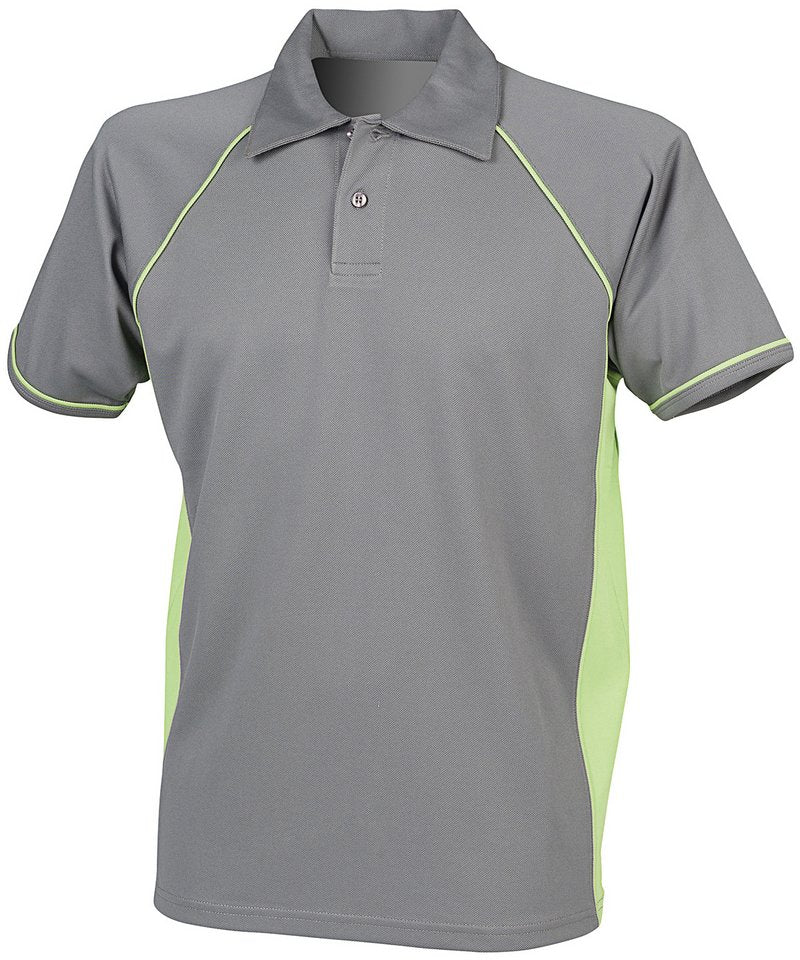 Finden & Hales Piped performance polo in Gunmetal Grey/Lime, front view