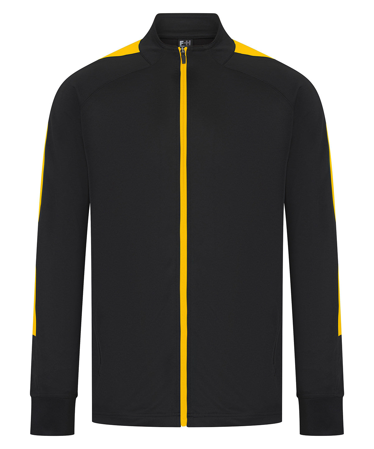 Finden & Hales Knitted tracksuit top in Black/Gold, front view