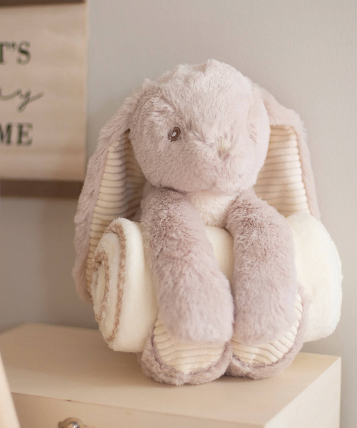 Mumbles Rabbit and blanket in Cream, lifestyle photo