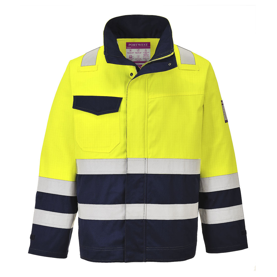 Portwest Modaflame Work Hi-Vis Multi-Norm Contrast FR Jacket in Yellow/Navy, main product image
