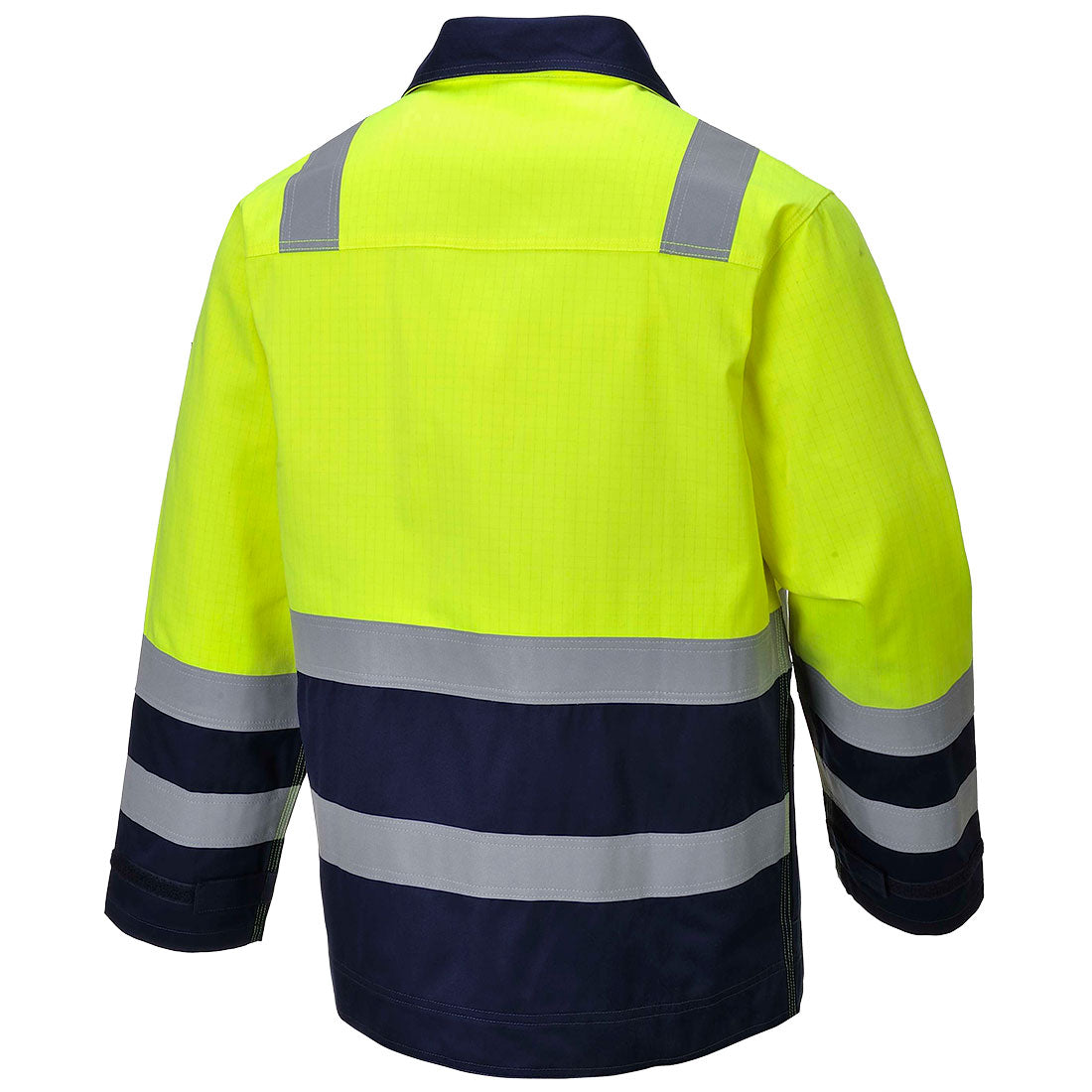 Portwest MV25 Modaflame Work Hi-Vis Multi-Norm Contrast FR Jacket in Yellow/Navy, back view