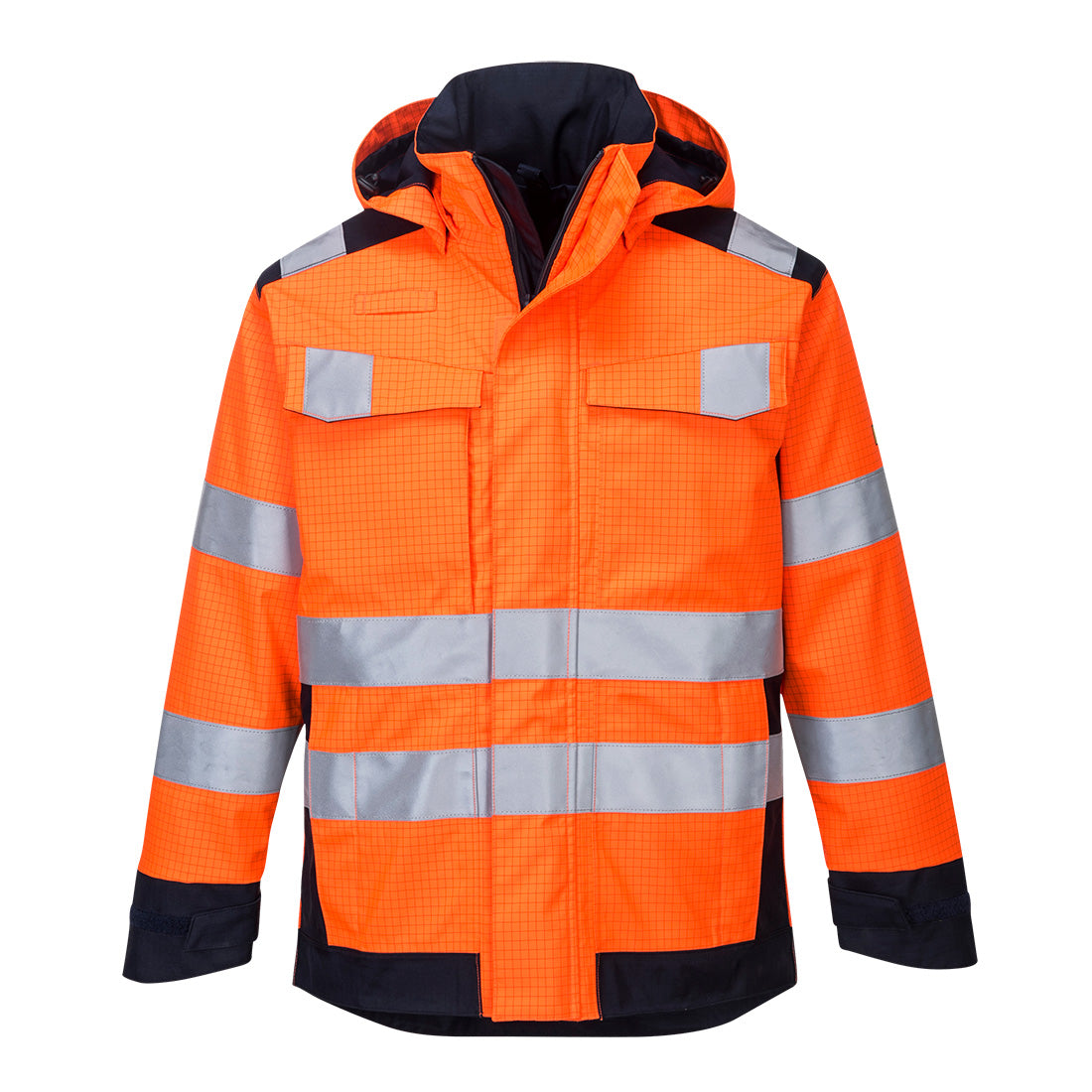 Portwest Modaflame Rain+ Hi-Vis Multi-Norm Contrast FR Jacket in Orange/Navy, main product image