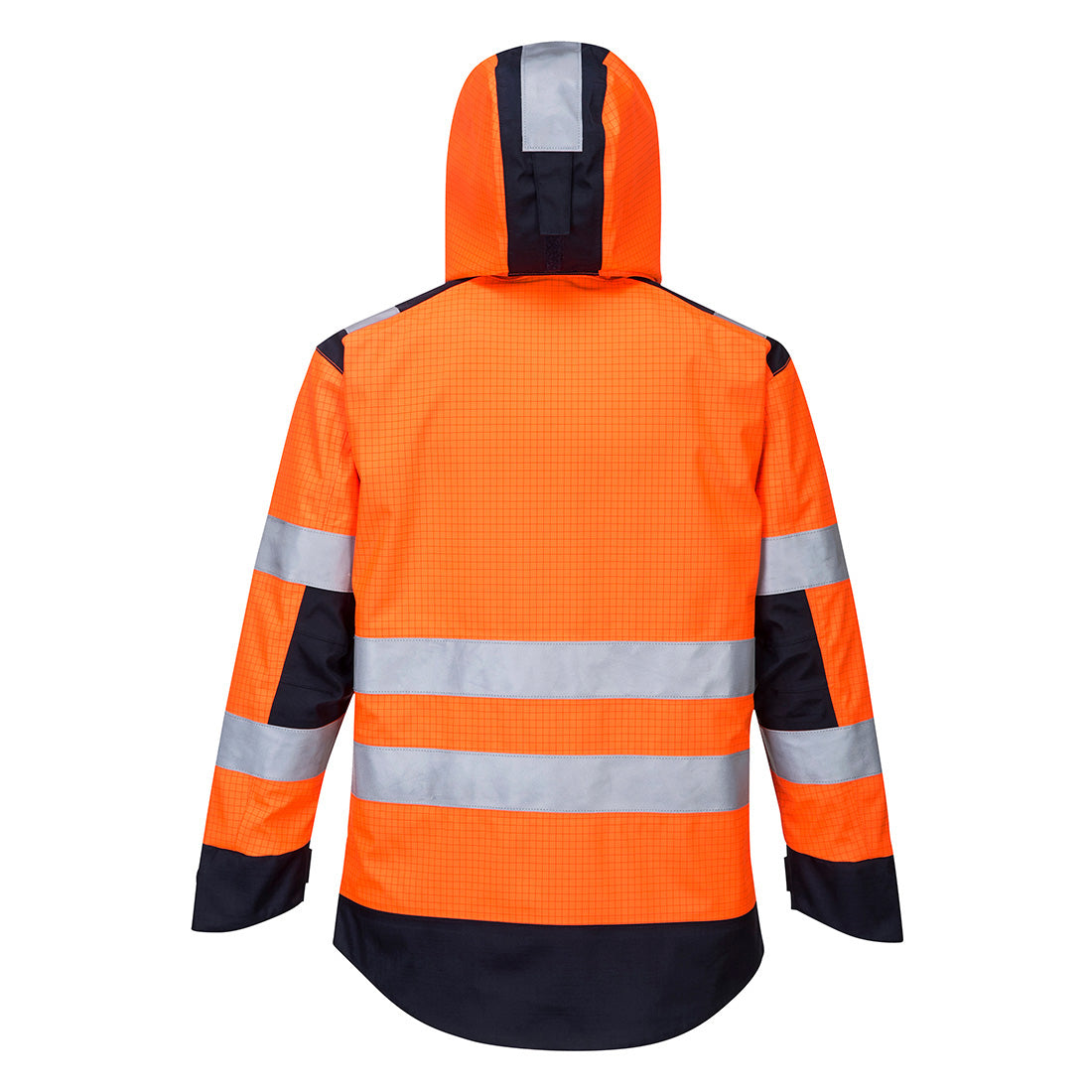 Portwest MV70 Modaflame Rain+ Hi-Vis Multi-Norm Contrast FR Jacket in Orange/Navy, back view