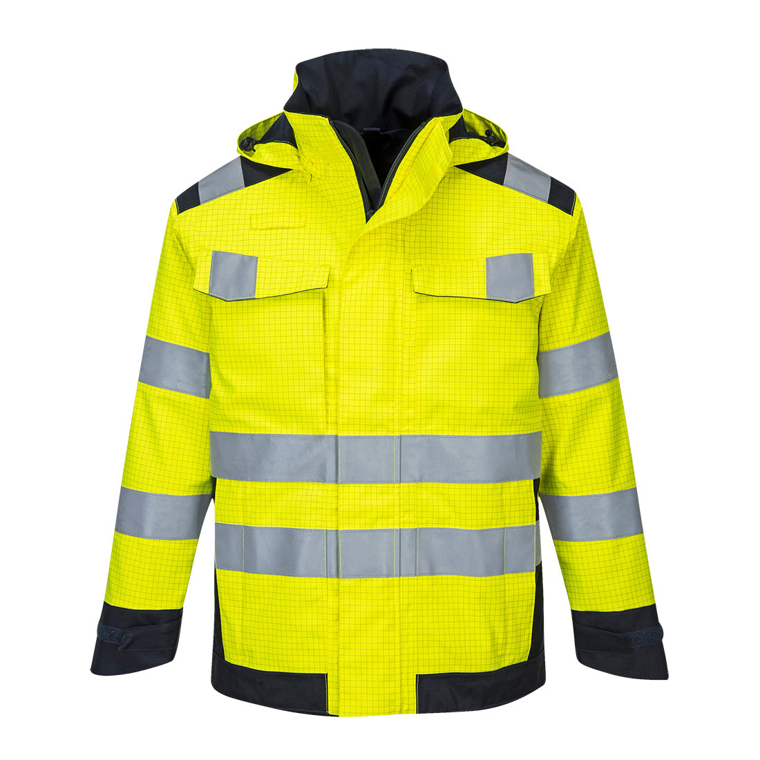 Portwest Modaflame Rain+ Hi-Vis Multi-Norm Contrast FR Jacket in Yellow/Navy, image 2