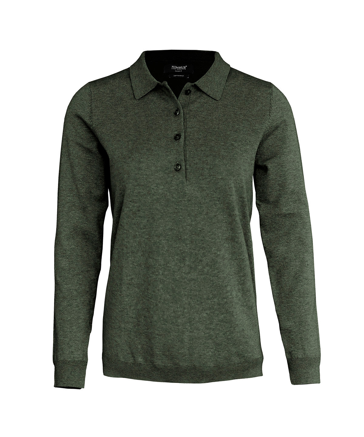 Nimbus Women’s Brighton long sleeve polo – elegant knitted polo in Olive Melange, front view