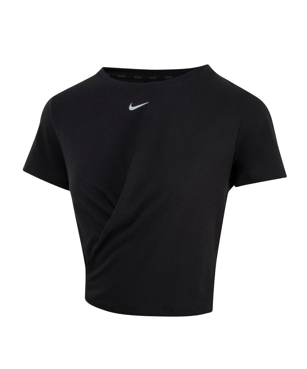 Nike Women’s One Luxe Dri-FIT short sleeve standard twist top in Black/Reflective Silver, lifestyle photo