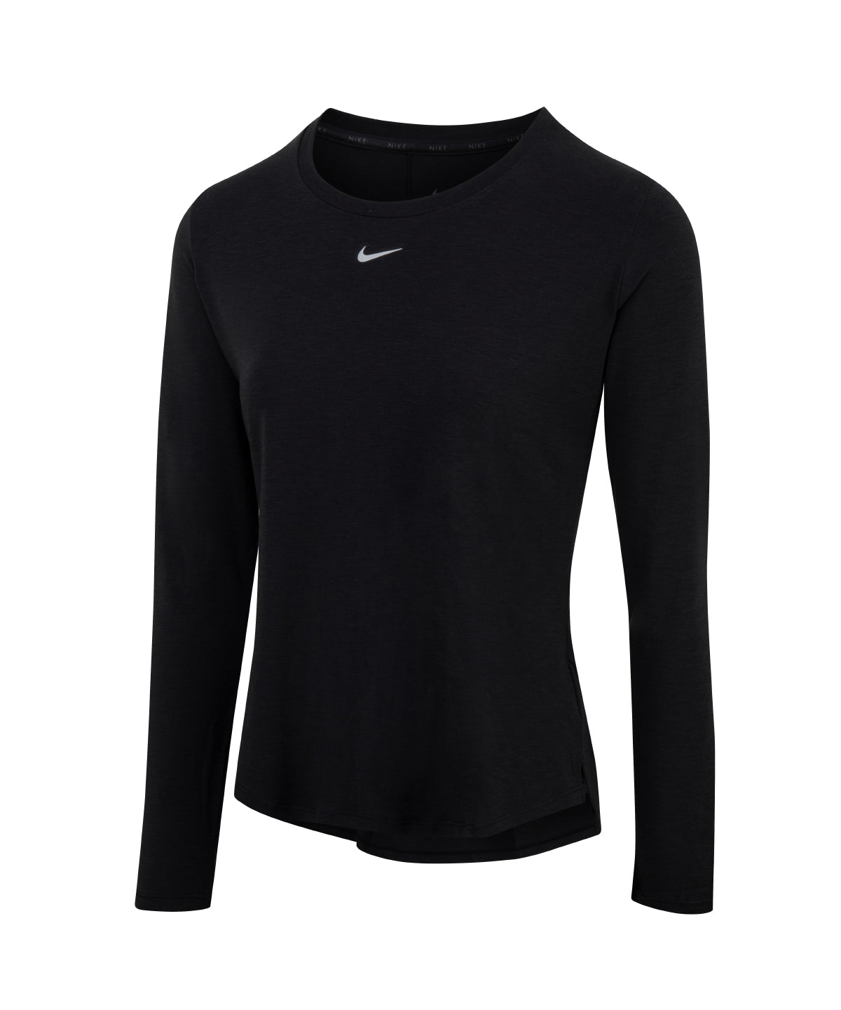 Nike Women’s One Luxe Dri-FIT long sleeve standard fit top in Black/Reflective Silver, front view
