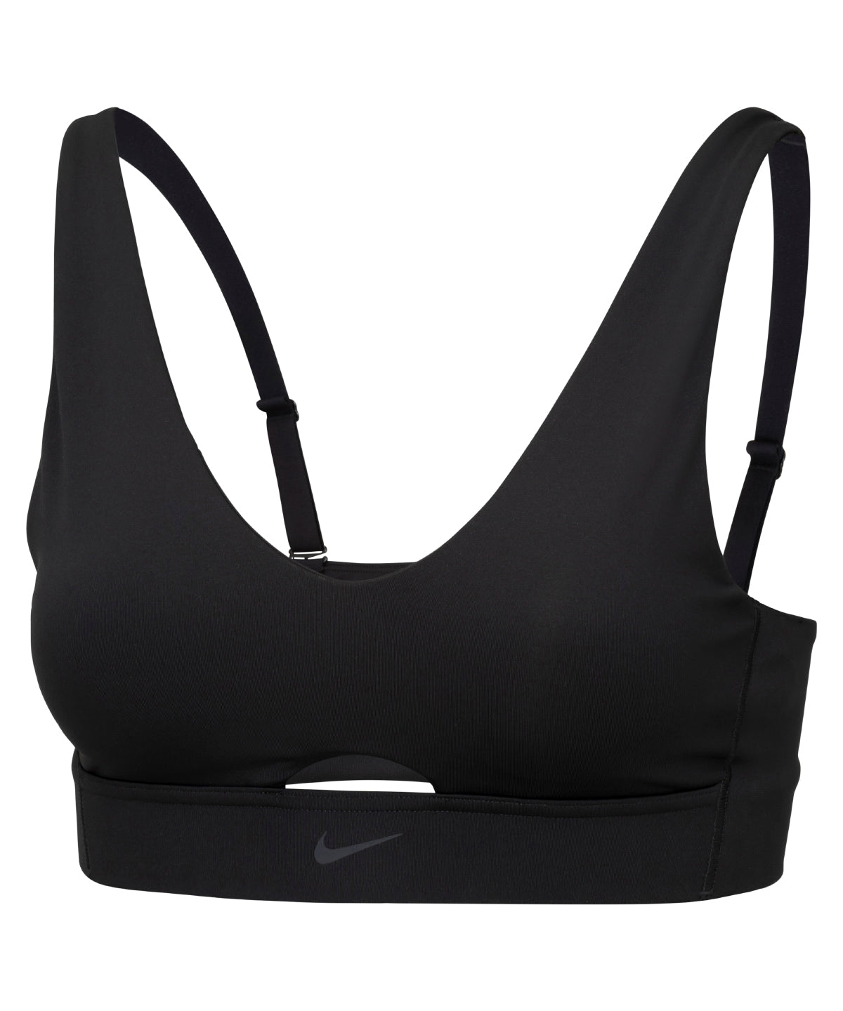 Nike Women’s Dri-FIT indy plunge cutout bra in Black/Dark Smoke Grey, front view
