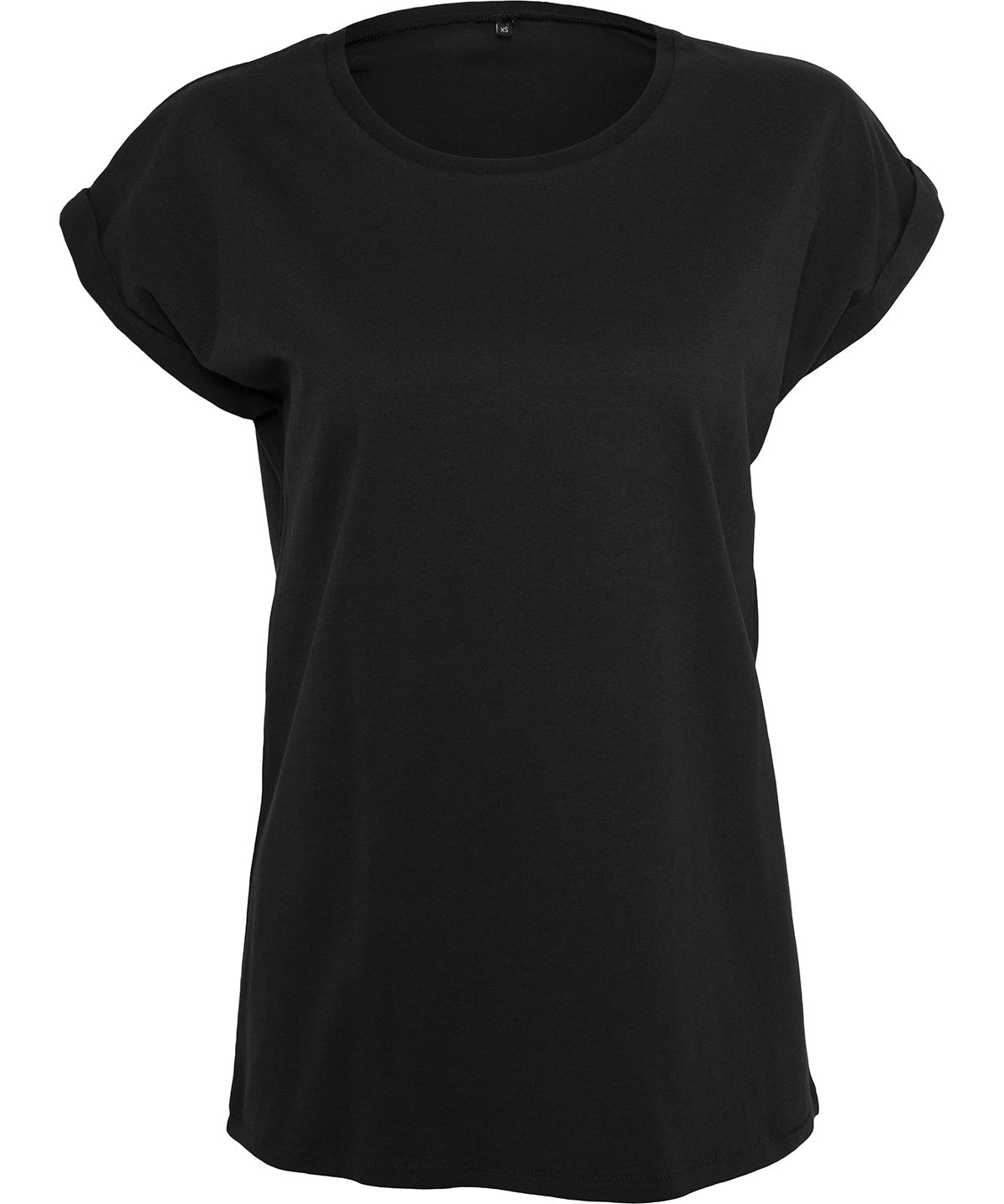 New Morning Studios Women’s regular extended shoulder tee in Black, front view
