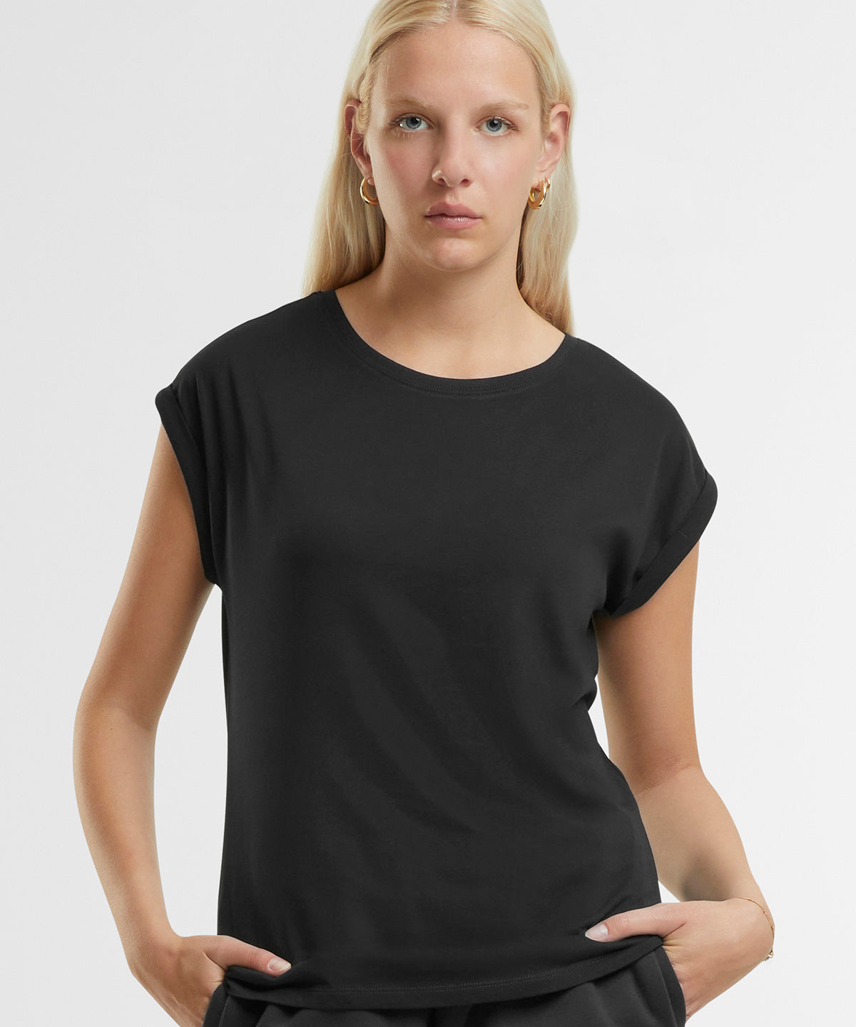 New Morning Studios Women’s regular extended shoulder tee, lifestyle photo