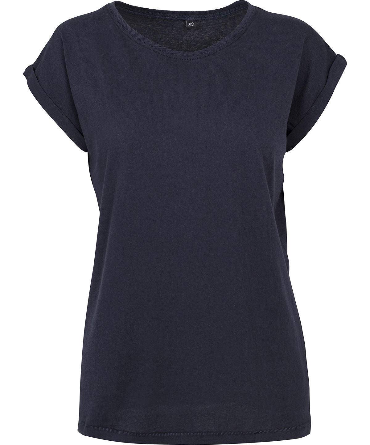 New Morning Studios Women’s regular extended shoulder tee in Navy, front view