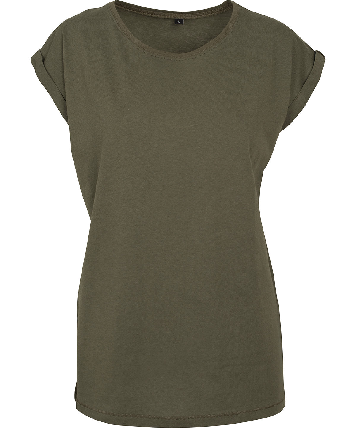 New Morning Studios Women’s regular extended shoulder tee in Olive, front view