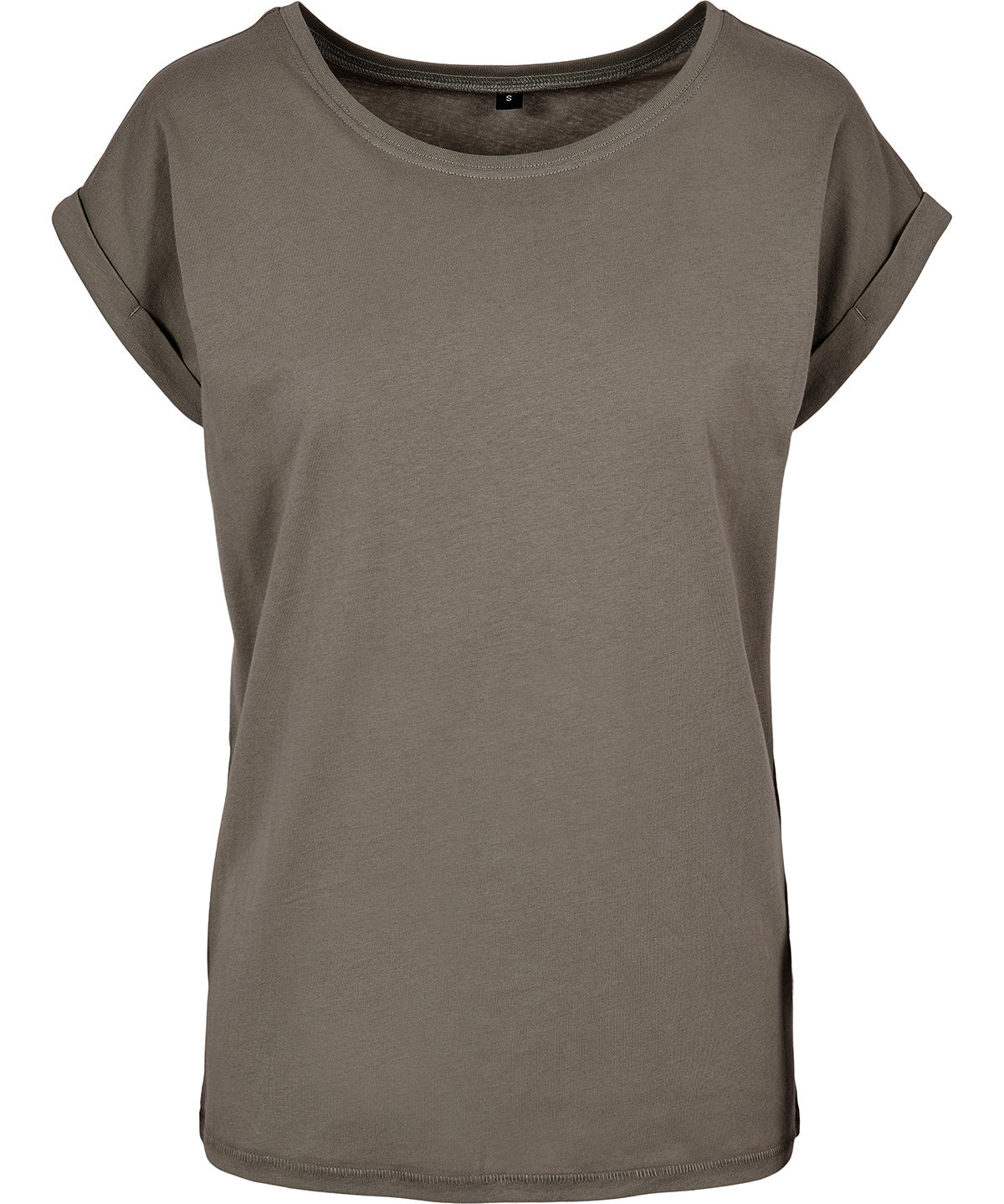 New Morning Studios Women’s regular extended shoulder tee in Pale Olive, front view