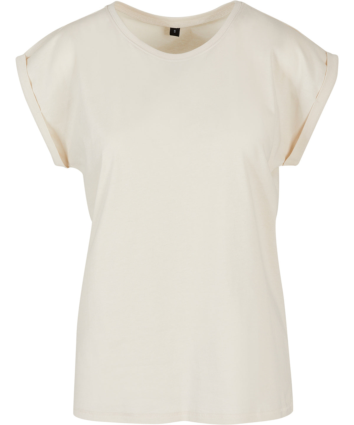 New Morning Studios Women’s regular extended shoulder tee in Sand, front view