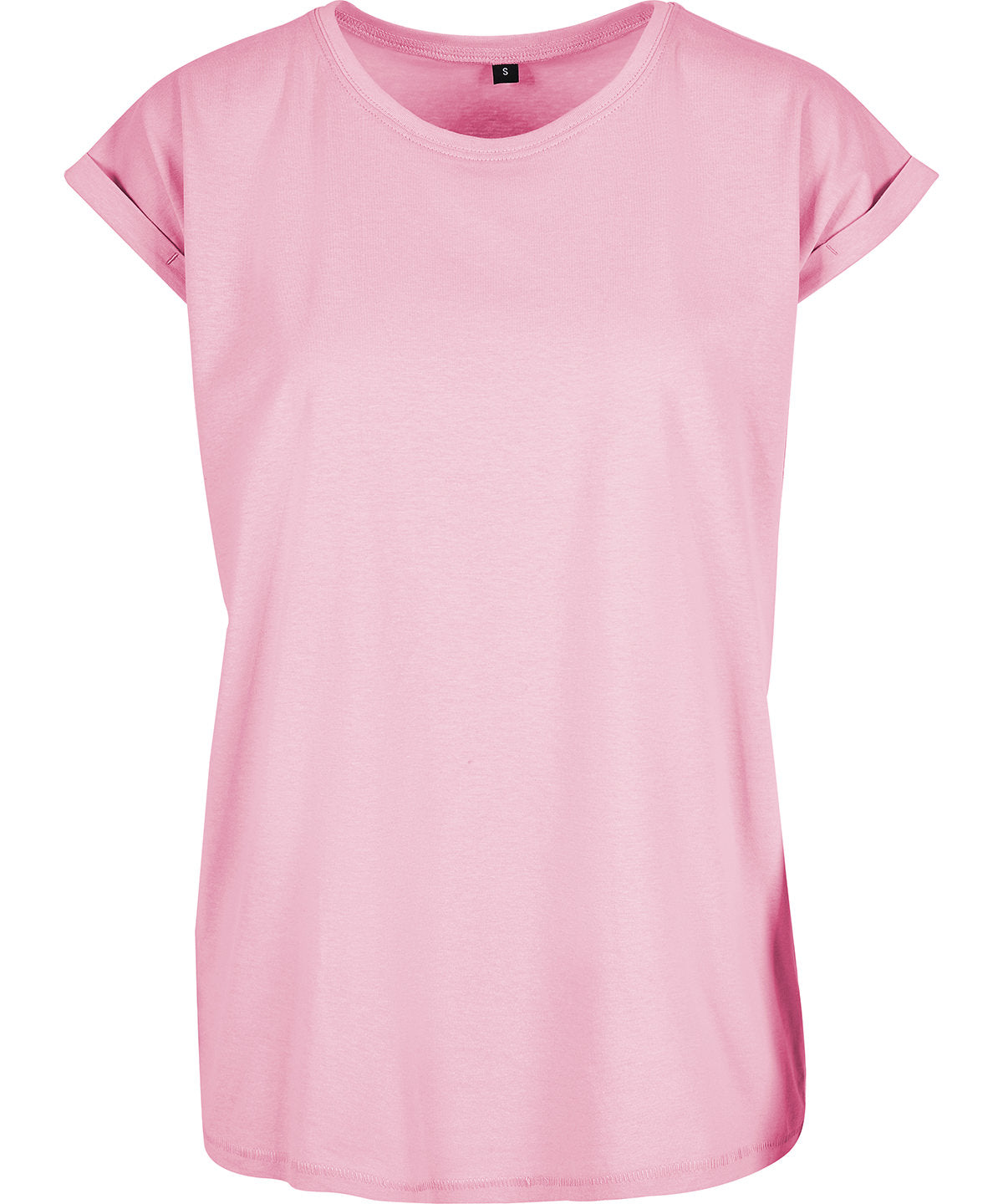 New Morning Studios Women’s regular extended shoulder tee in Soft Pink, front view