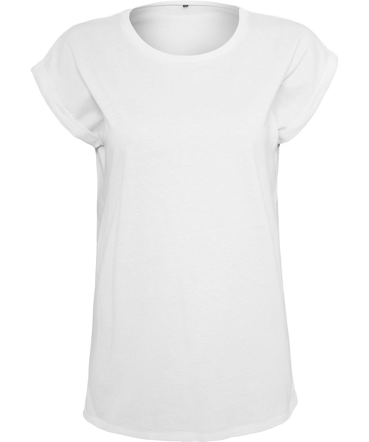 New Morning Studios Women’s regular extended shoulder tee in White, front view