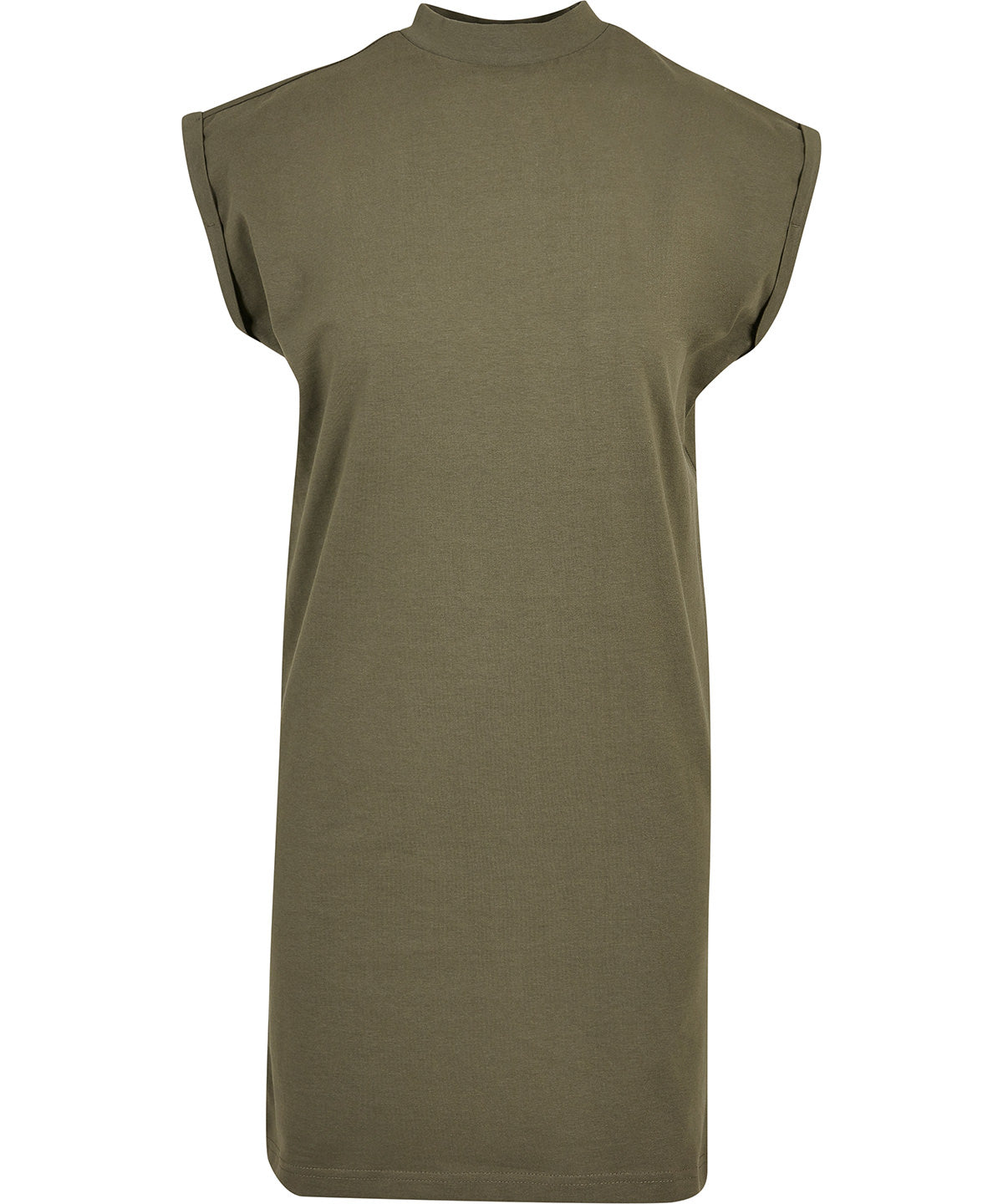 New Morning Studios Women’s extended shoulder dress in Olive, front view