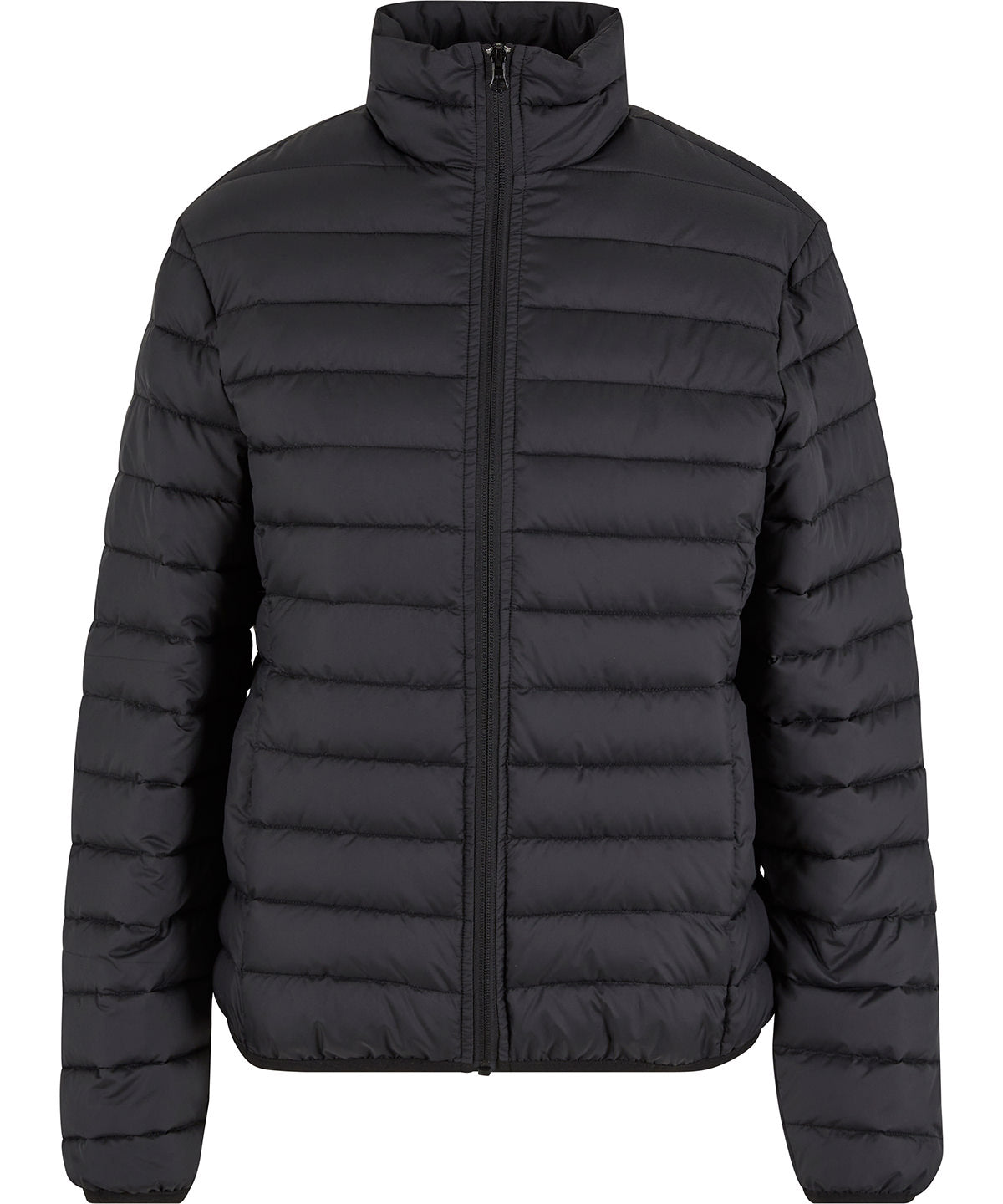 New Morning Studios Women’s light puffer jacket in Black, front view