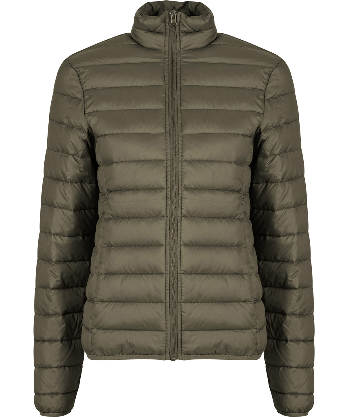 New Morning Studios Women’s light puffer jacket in Olive, front view