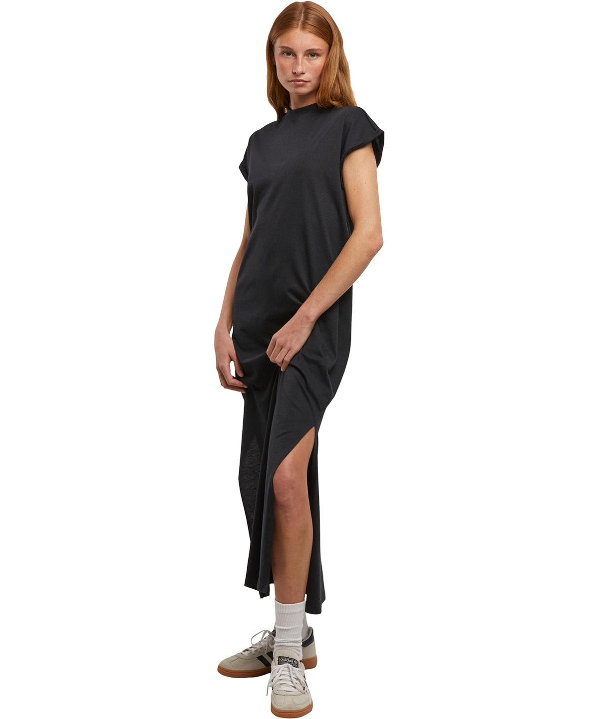 New Morning Studios Women’s long extended shoulder dress, lifestyle photo