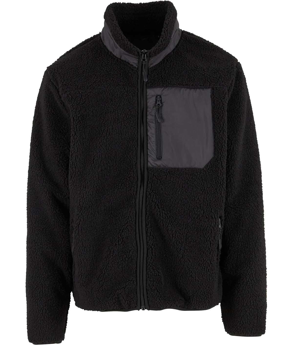 New Morning Studios Bonded sherpa jacket in Black, front view
