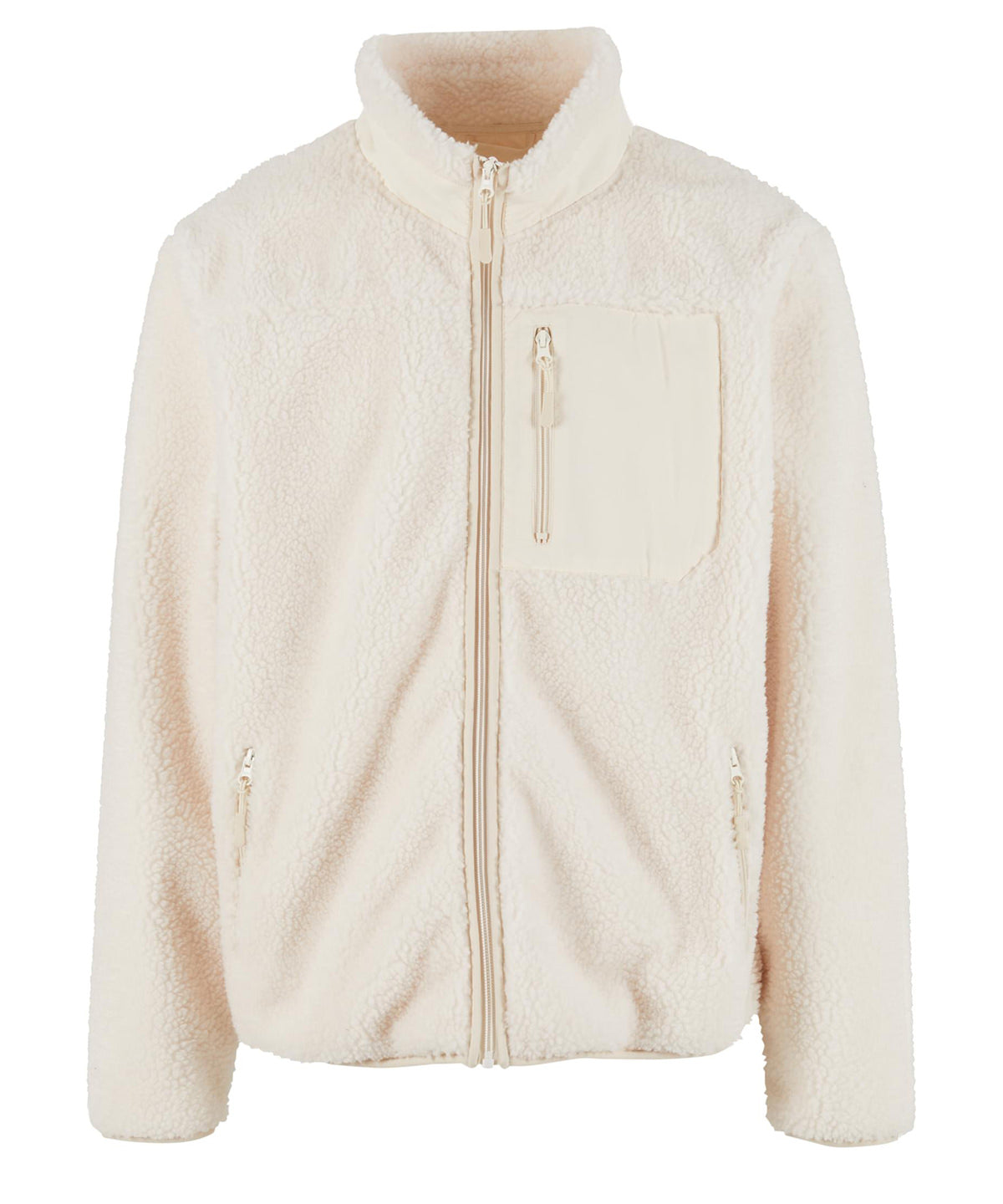 New Morning Studios Bonded sherpa jacket in White Sand, front view