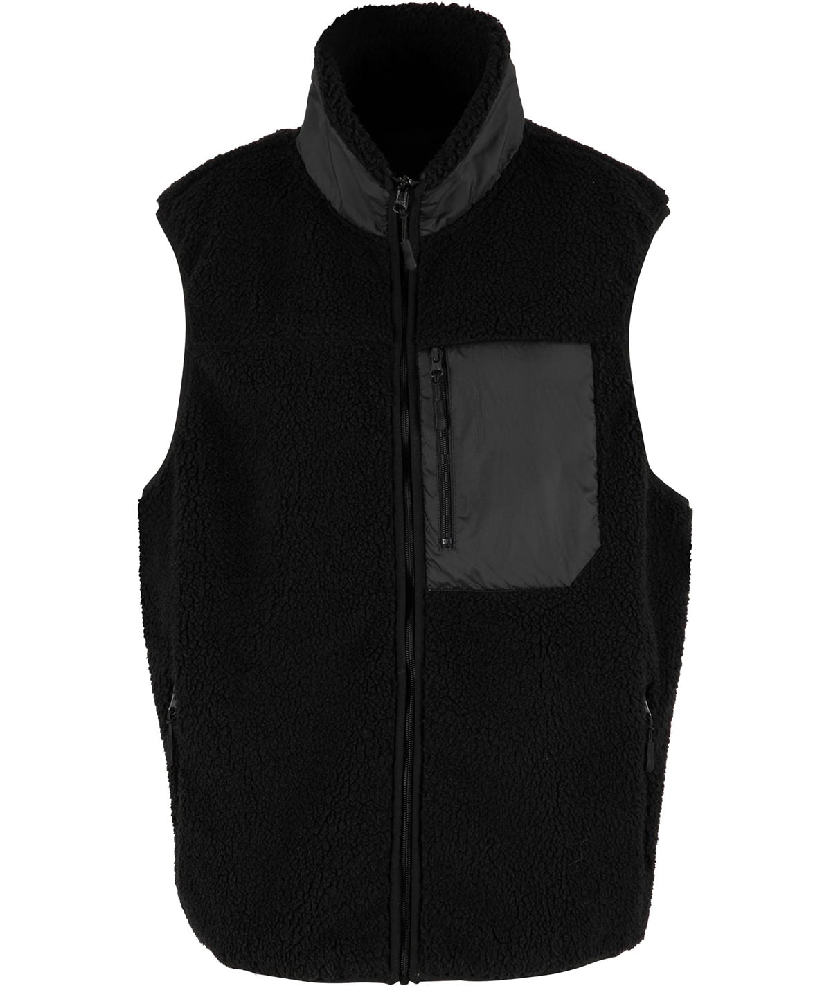 New Morning Studios Bonded sherpa vest in Black, front view