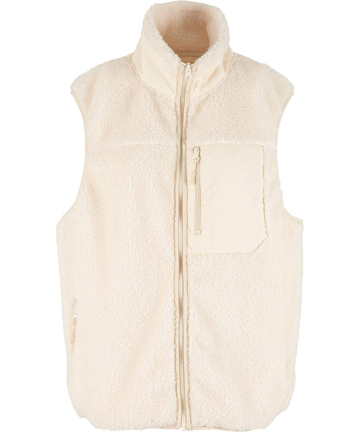 New Morning Studios Bonded sherpa vest in White Sand, front view