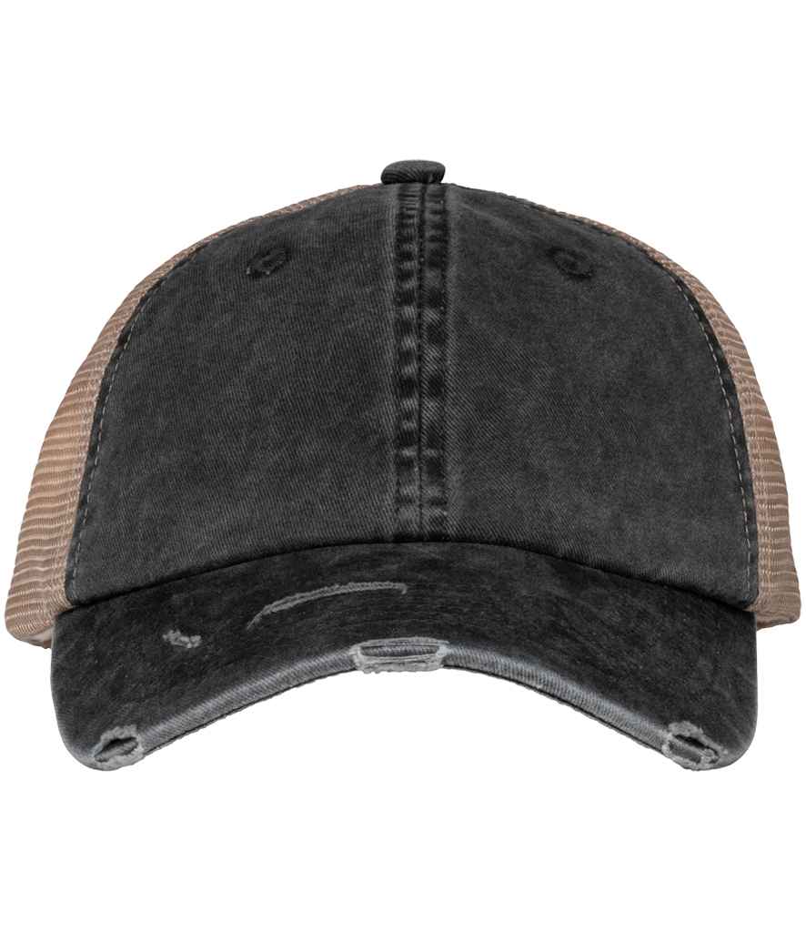 Native Spirit Washed Trucker Destroy Cap in Black/Beige, front view