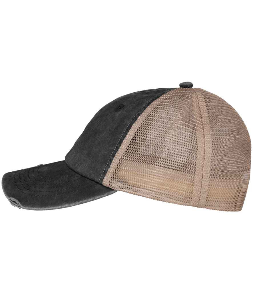 Native Spirit Washed Trucker Destroy Cap in Black/Beige, back view