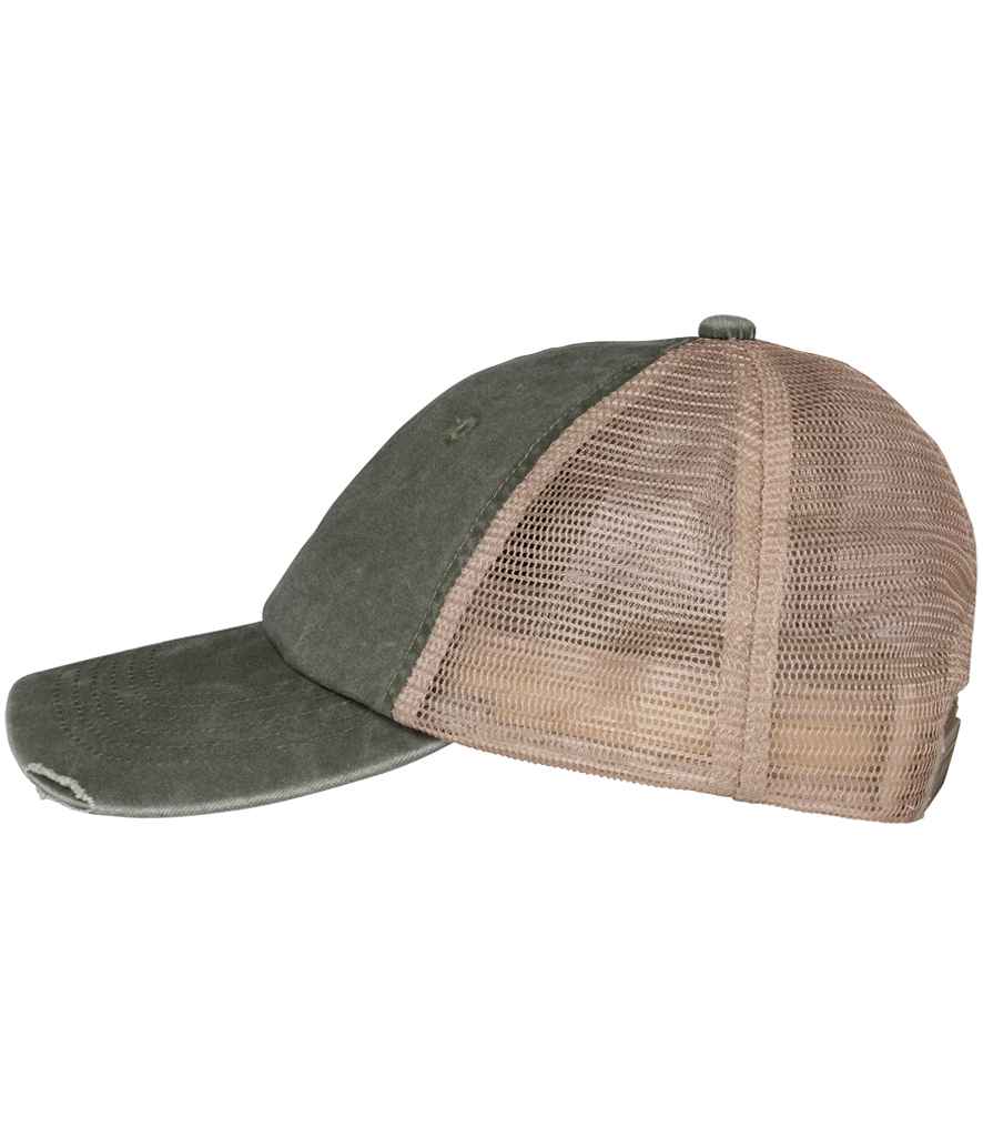 Native Spirit Washed Trucker Destroy Cap in Khaki/Beige, side view