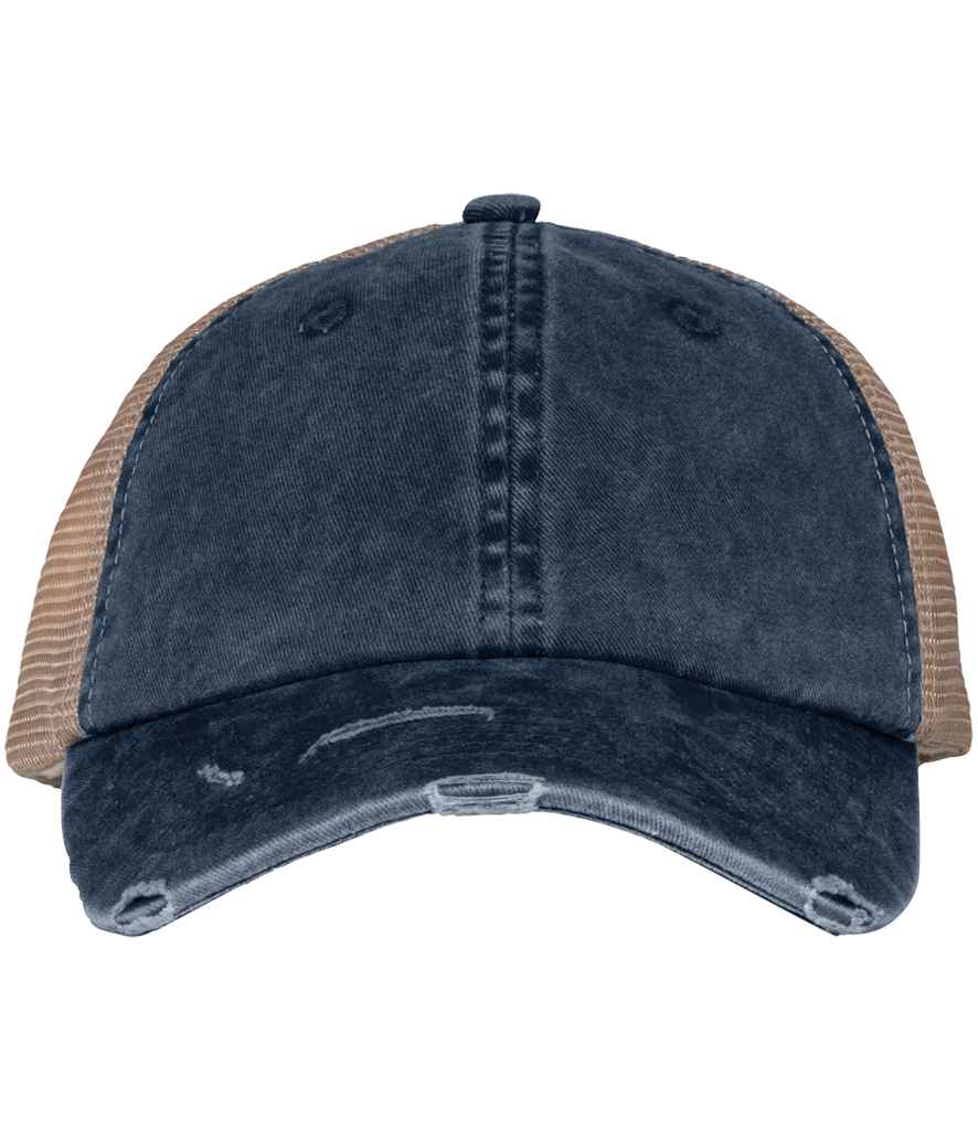 Native Spirit Washed Trucker Destroy Cap in Navy/Beige, front view