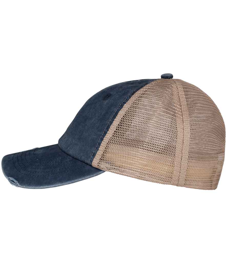 Native Spirit Washed Trucker Destroy Cap in Navy/Beige, side view