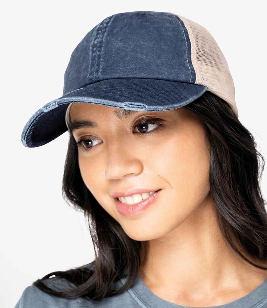Native Spirit Washed Trucker Destroy Cap in Navy/Beige