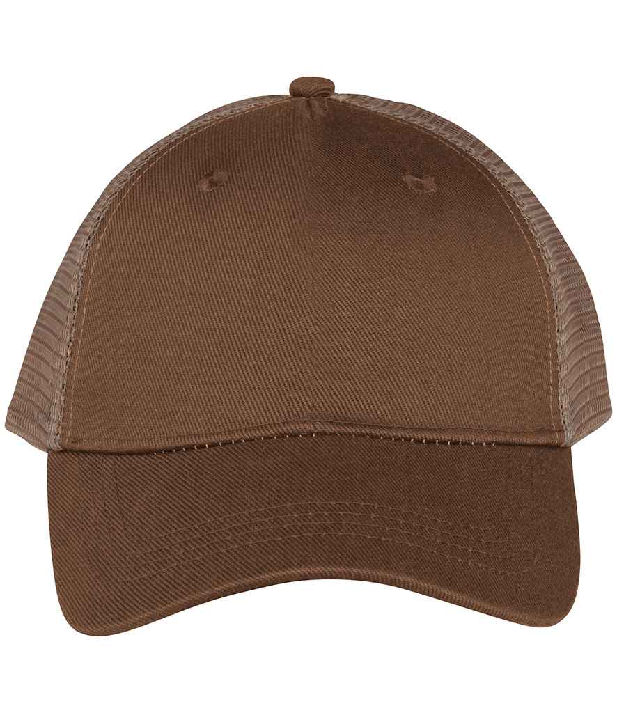 Native Spirit 5 Panel Trucker Cap in Dark Camel/Beige, front view