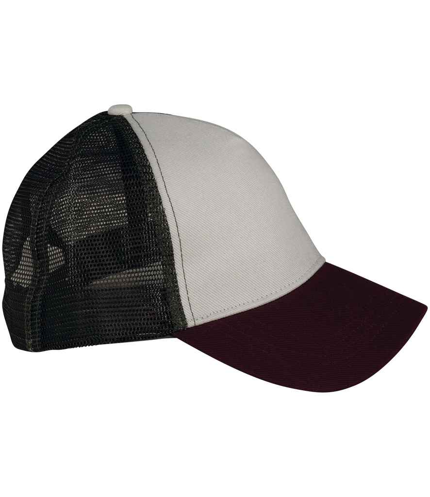 Native Spirit 5 Panel Trucker Cap in Ivory/Cherry/Khaki, side view