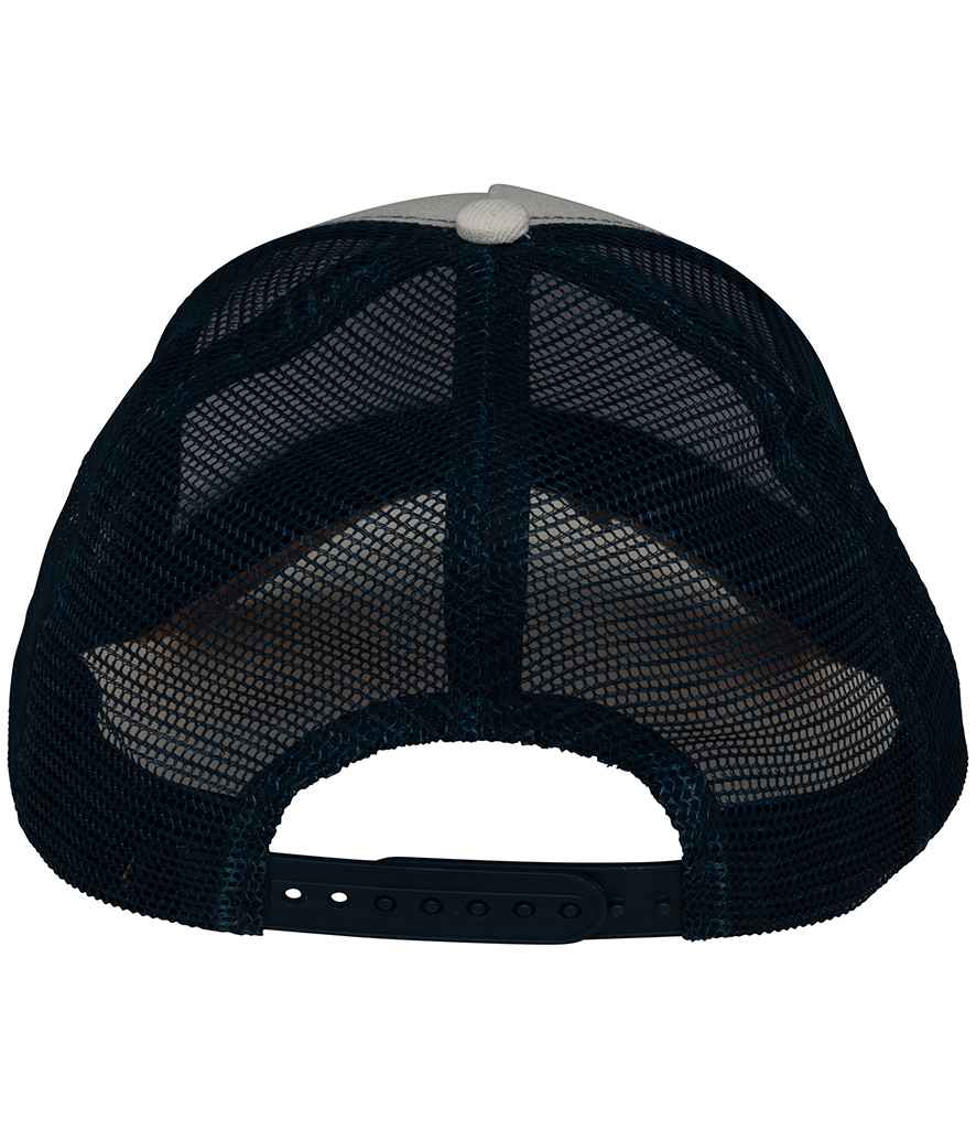 Native Spirit 5 Panel Trucker Cap in Ivory/Curcuma/Navy, back view