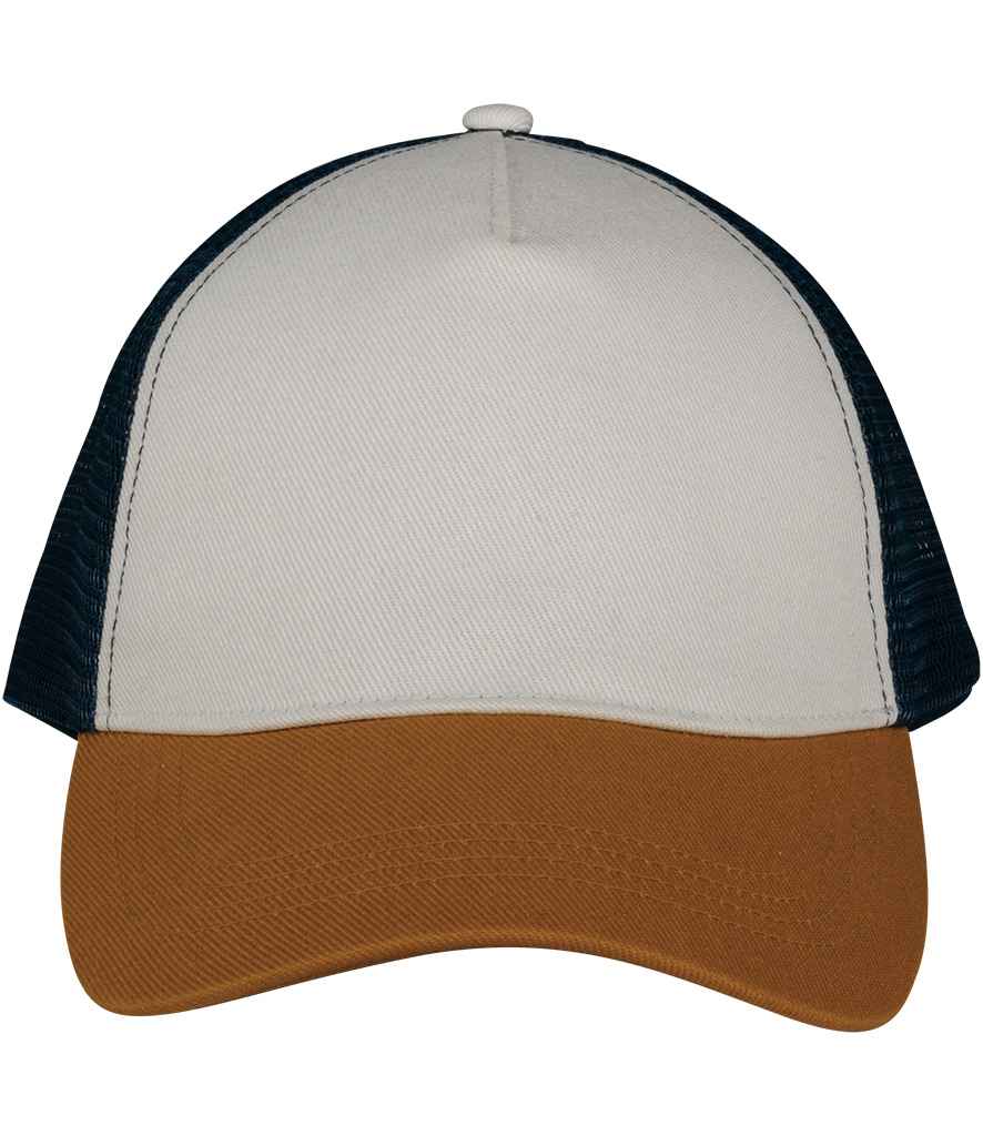 Native Spirit 5 Panel Trucker Cap in Ivory/Curcuma/Navy, front view