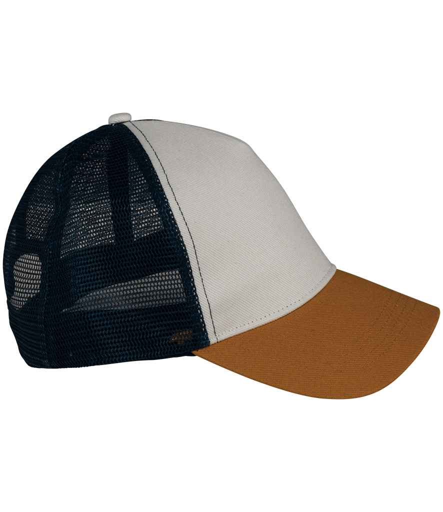 Native Spirit 5 Panel Trucker Cap in Ivory/Curcuma/Navy, side view