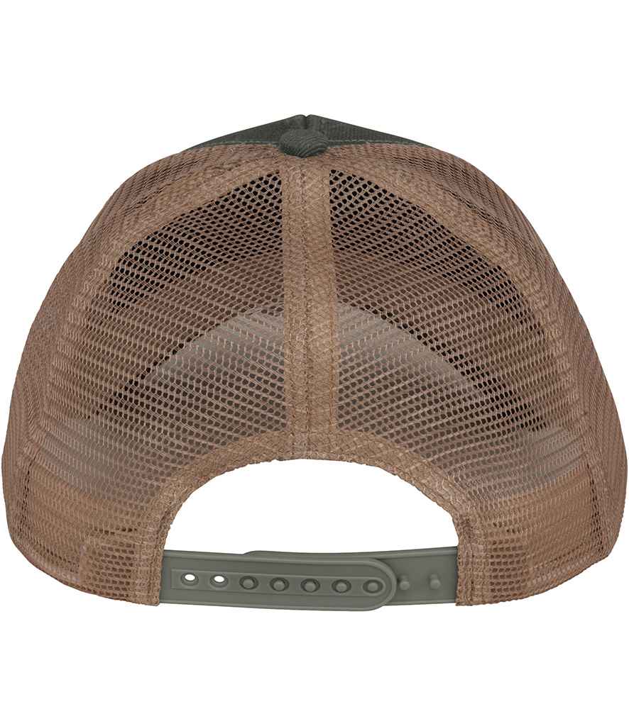 Native Spirit 5 Panel Trucker Cap in Organic Khaki/Beige, back view