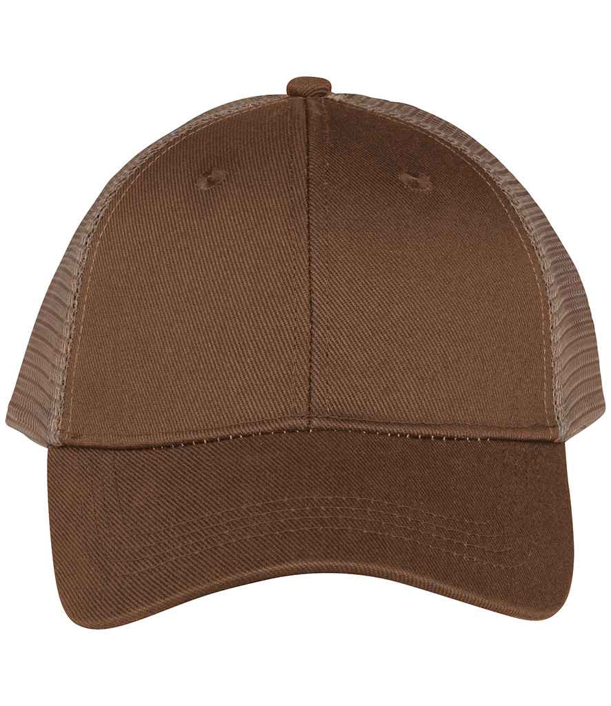 Native Spirit 6 Panel Trucker Cap in Dark Camel/Beige, front view