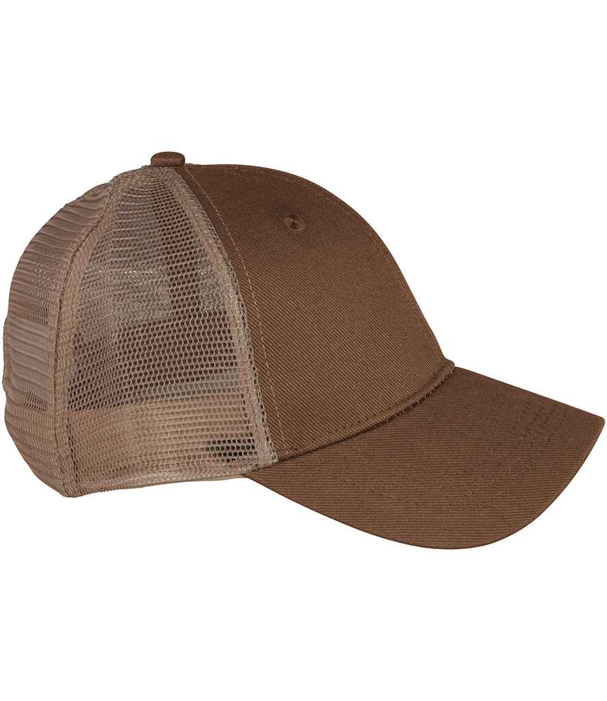 Native Spirit 6 Panel Trucker Cap in Dark Camel/Beige, side view