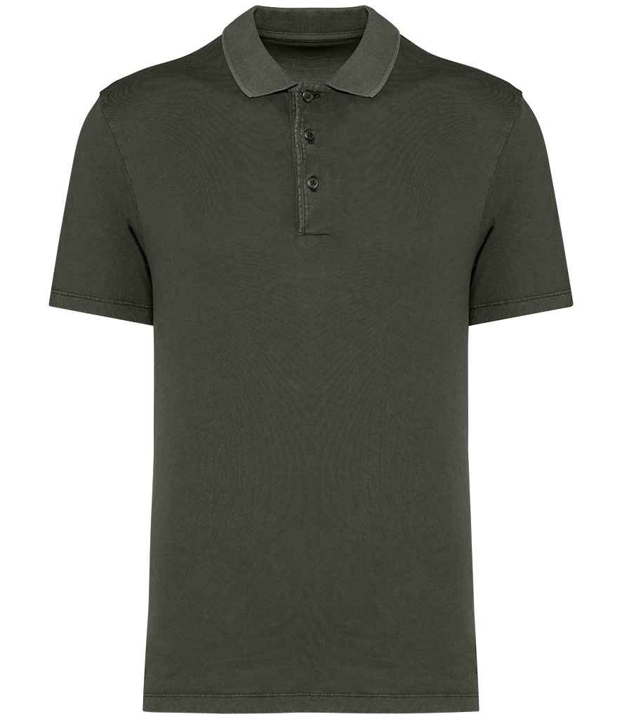 Native Spirit Washed Jersey Polo Shirt in Washed Organic Khaki, front view