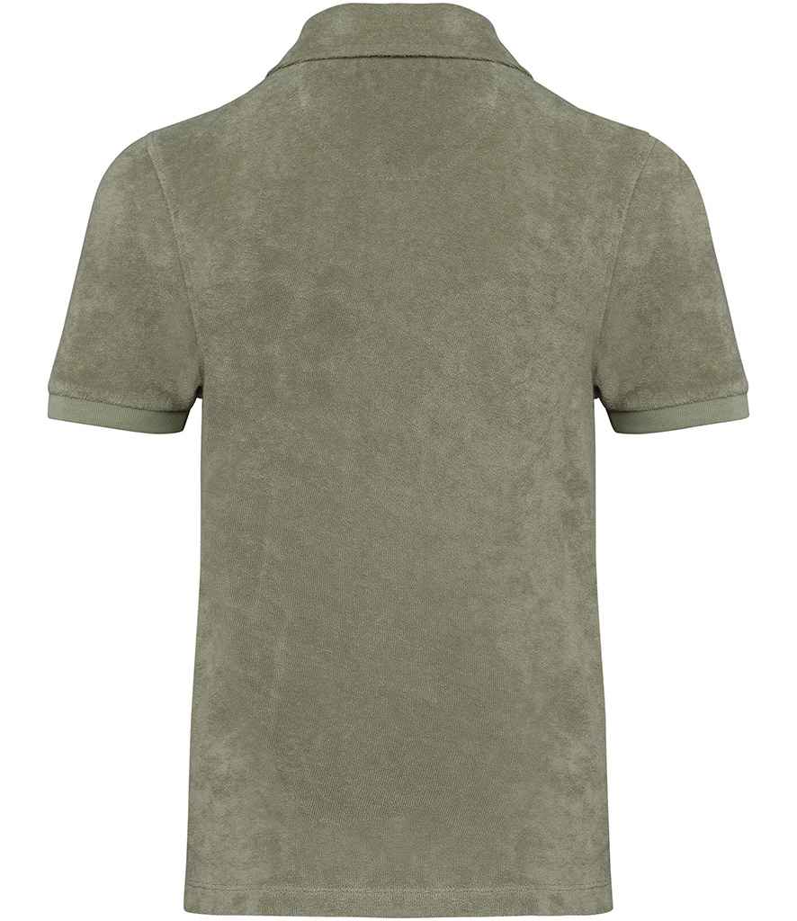 Native Spirit Kids Terry Towel Polo Shirt in Almond Green, back view