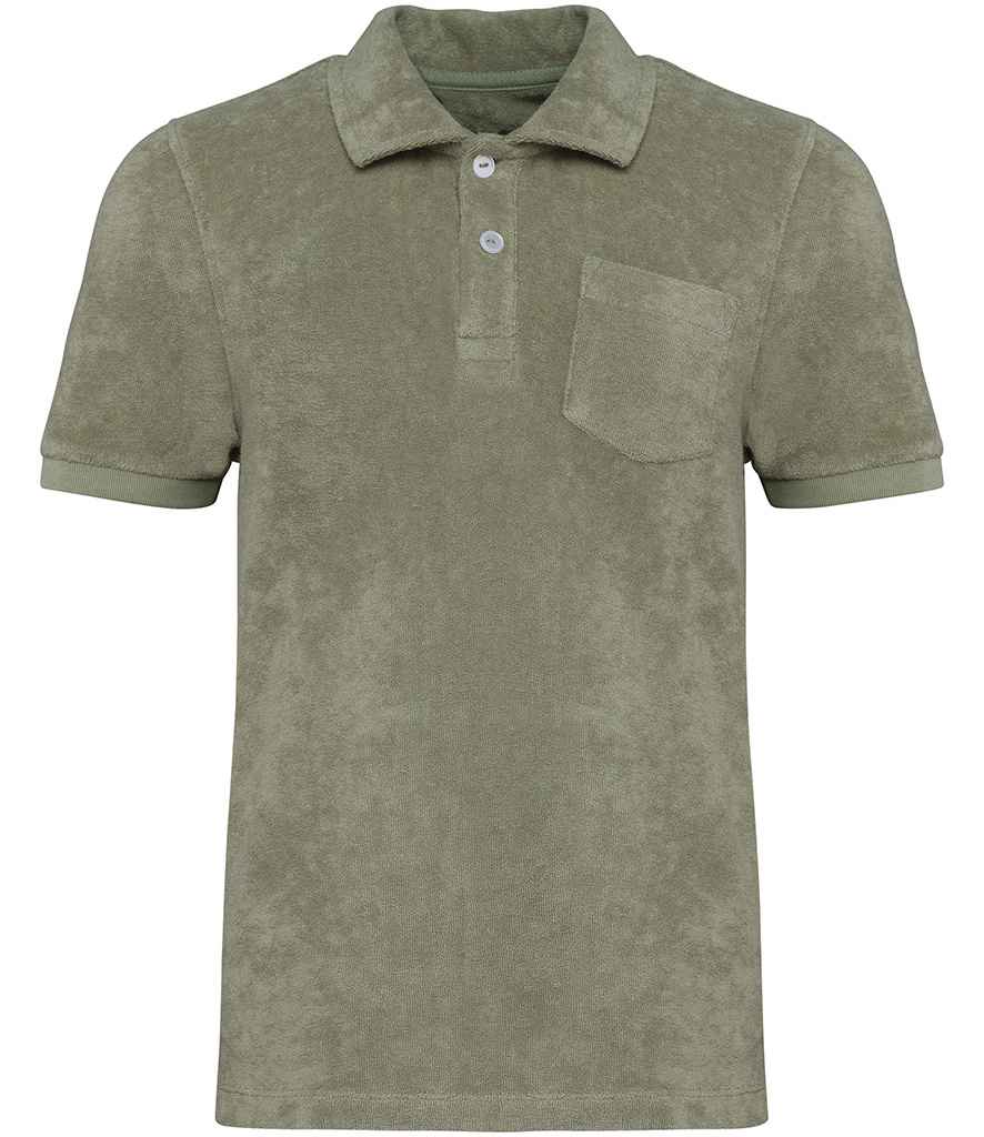 Native Spirit Kids Terry Towel Polo Shirt in Almond Green, front view