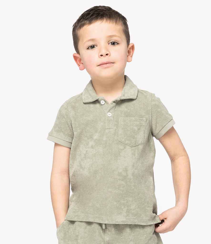 Native Spirit Kids Terry Towel Polo Shirt in Almond Green