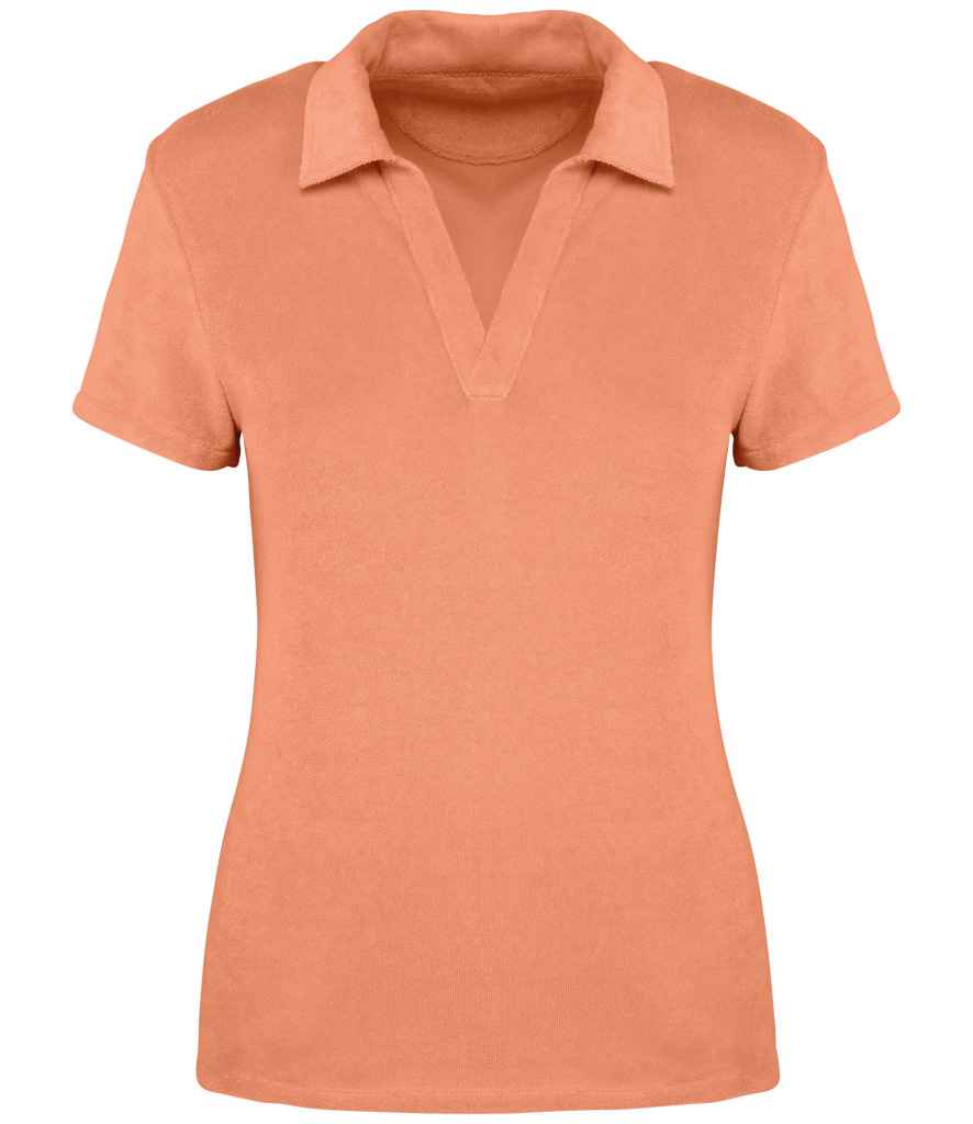 Native Spirit Ladies Terry Towel Polo Shirt in Apricot, front view